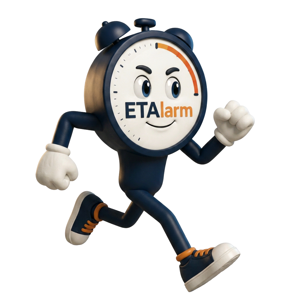 Dash, the ETAlarm mascot, running to keep you on time
