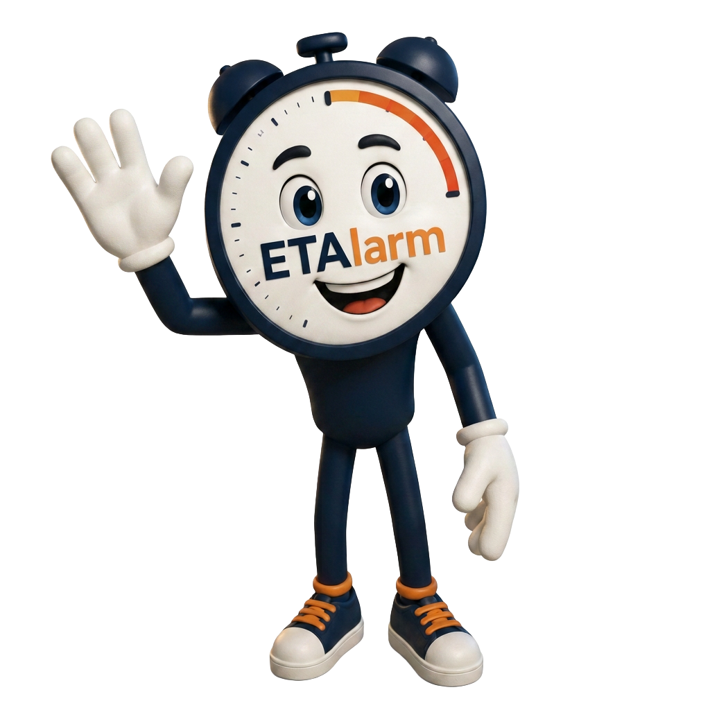Dash, the ETAlarm mascot, waving hello