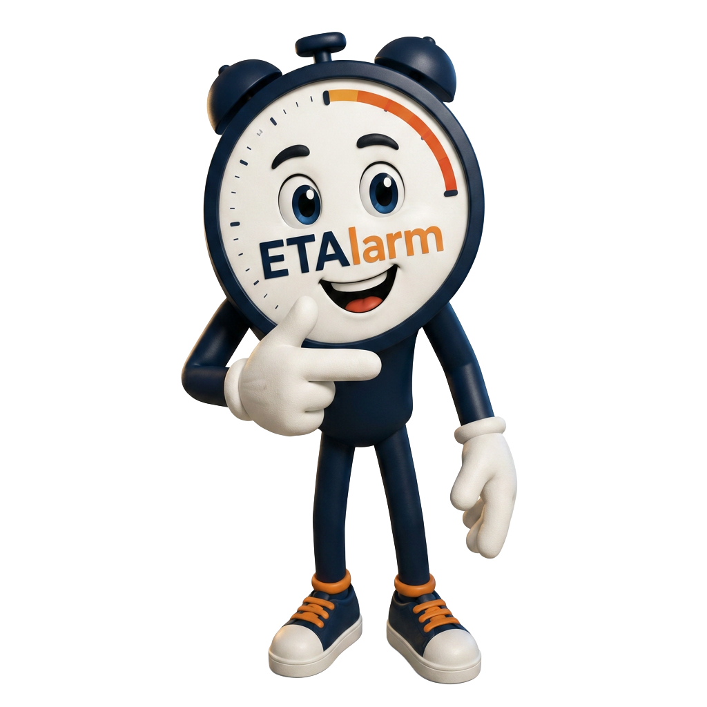 ETAlarm mascot, a smiling alarm clock character